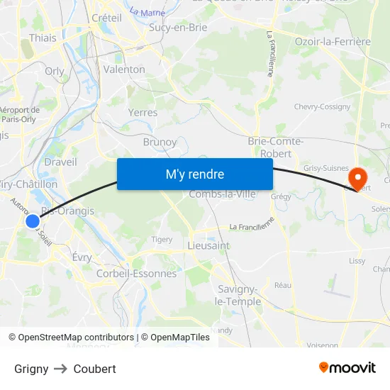 Grigny to Coubert map
