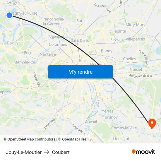 Jouy-Le-Moutier to Coubert map
