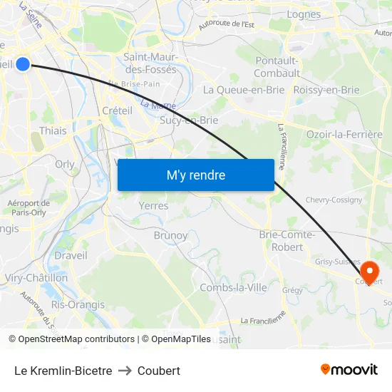 Le Kremlin-Bicetre to Coubert map