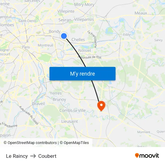 Le Raincy to Coubert map