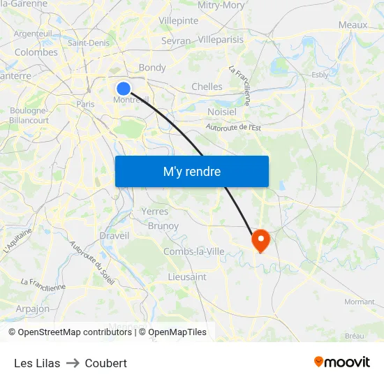 Les Lilas to Coubert map