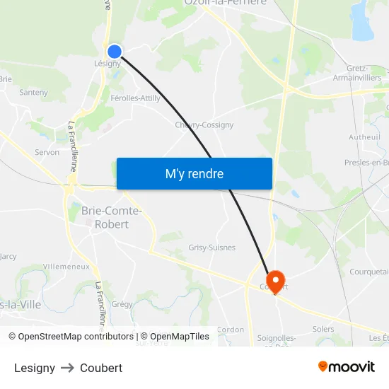 Lesigny to Coubert map