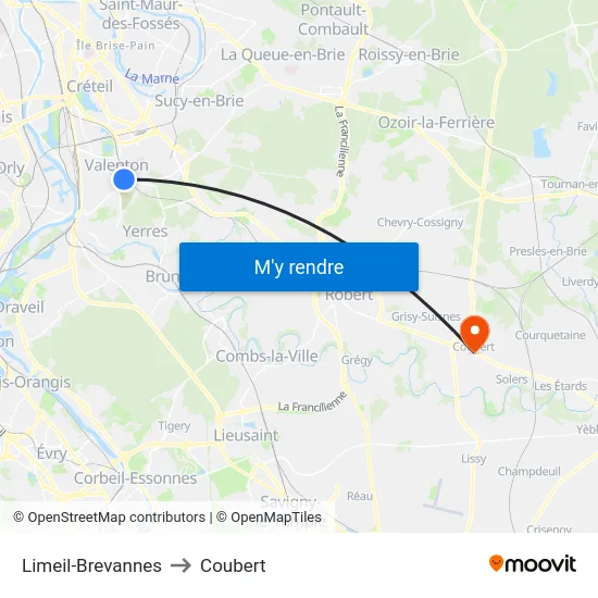 Limeil-Brevannes to Coubert map