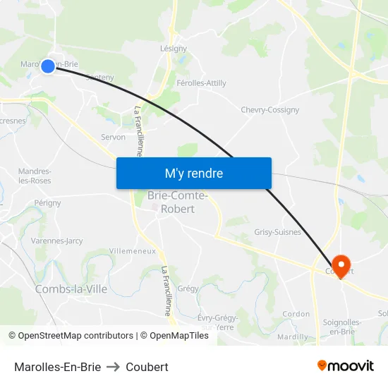Marolles-En-Brie to Coubert map