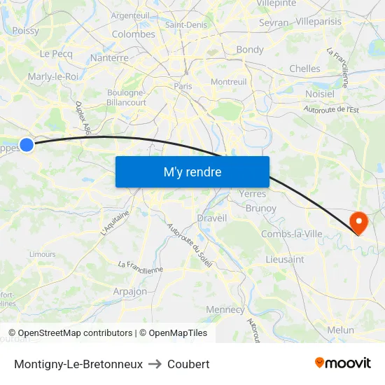 Montigny-Le-Bretonneux to Coubert map