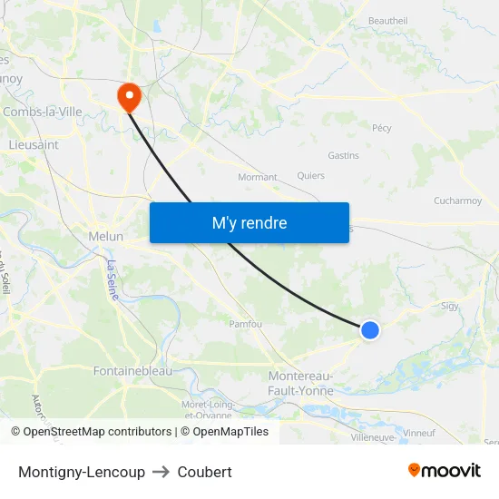 Montigny-Lencoup to Coubert map