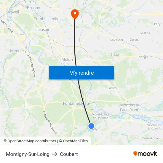 Montigny-Sur-Loing to Coubert map