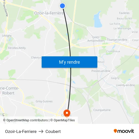 Ozoir-La-Ferriere to Coubert map