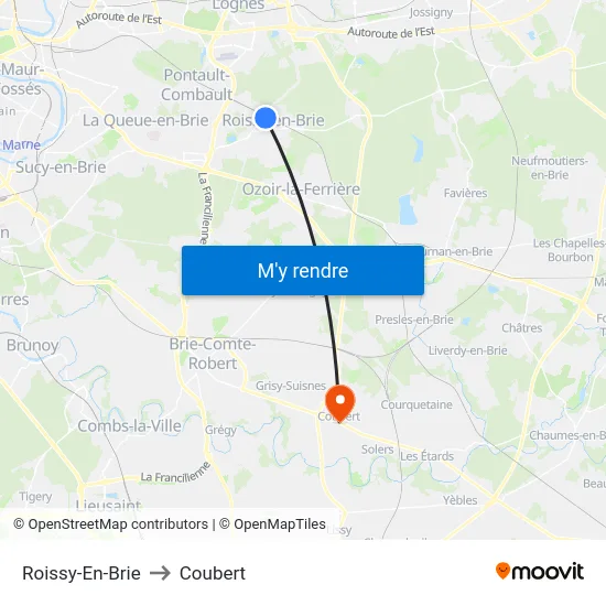 Roissy-En-Brie to Coubert map