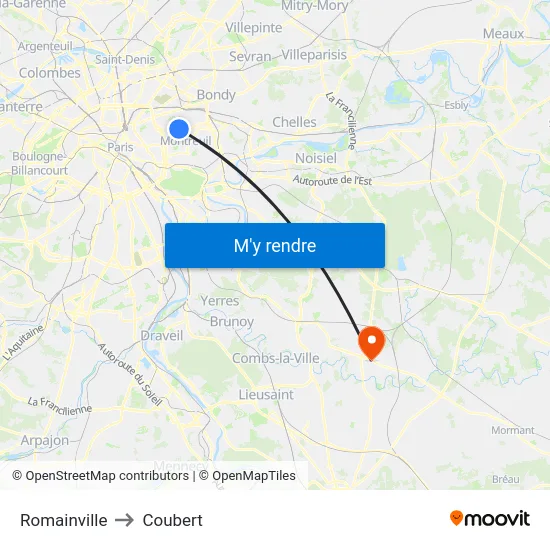 Romainville to Coubert map