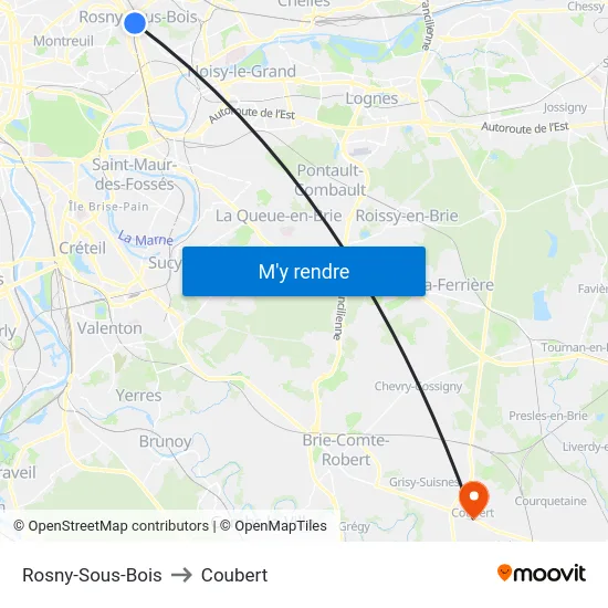 Rosny-Sous-Bois to Coubert map