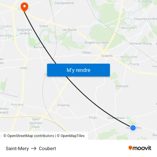 Saint-Mery to Coubert map