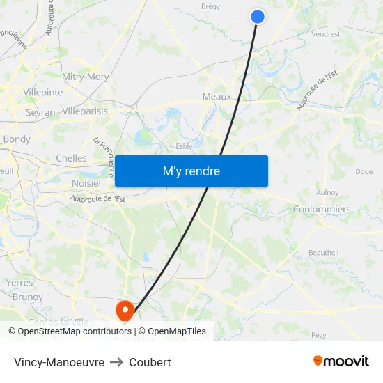 Vincy-Manoeuvre to Coubert map