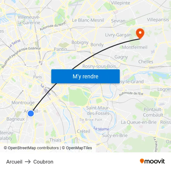 Arcueil to Coubron map
