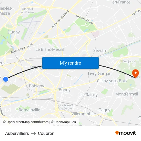 Aubervilliers to Coubron map