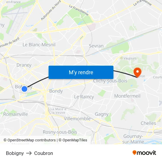 Bobigny to Coubron map