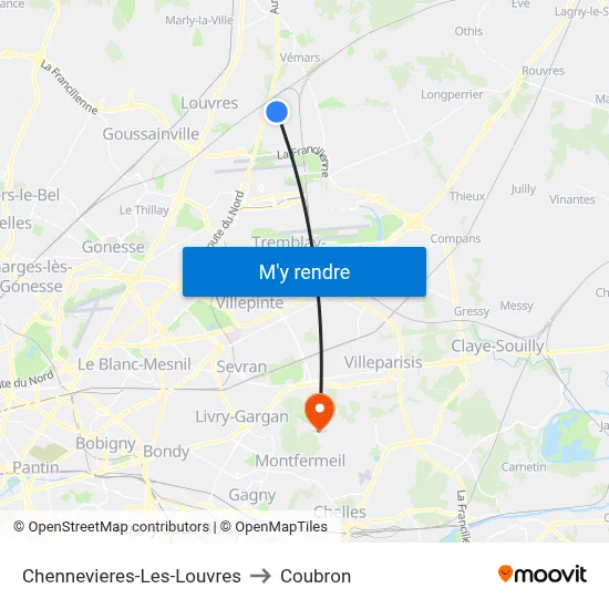 Chennevieres-Les-Louvres to Coubron map
