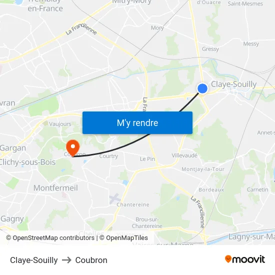 Claye-Souilly to Coubron map