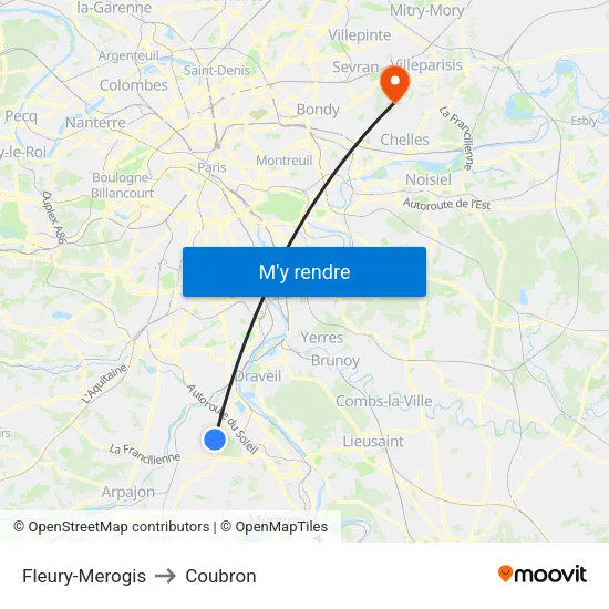 Fleury-Merogis to Coubron map