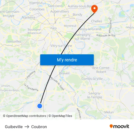 Guibeville to Coubron map