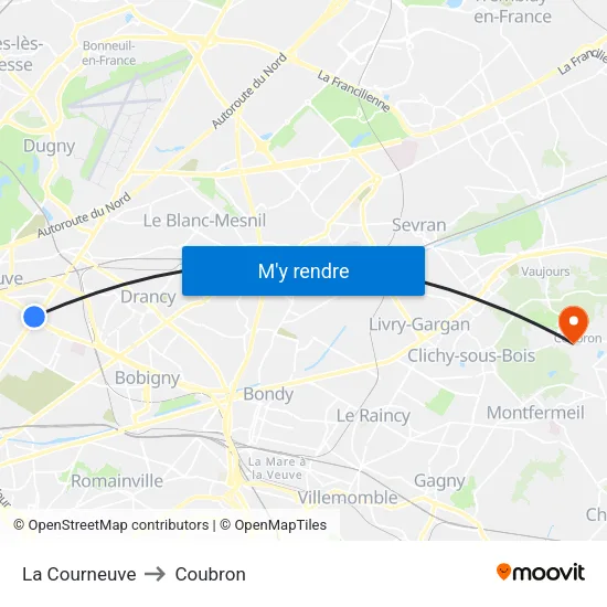 La Courneuve to Coubron map