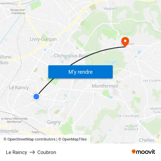 Le Raincy to Coubron map