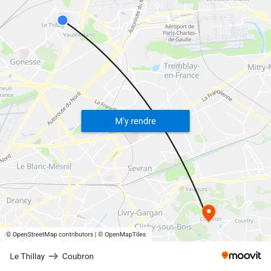 Le Thillay to Coubron map