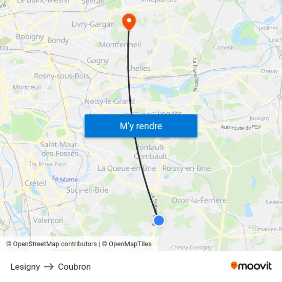 Lesigny to Coubron map