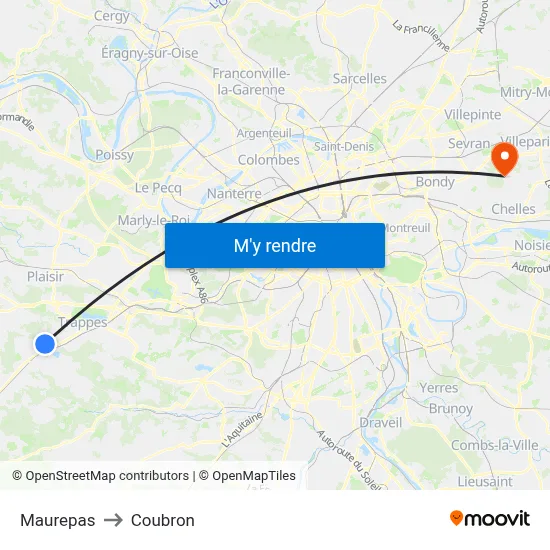 Maurepas to Coubron map