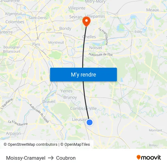 Moissy-Cramayel to Coubron map