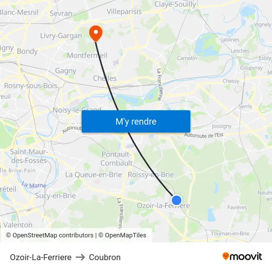 Ozoir-La-Ferriere to Coubron map