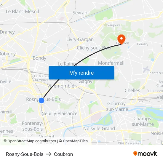Rosny-Sous-Bois to Coubron map