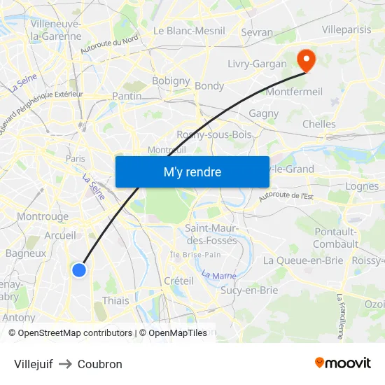 Villejuif to Coubron map