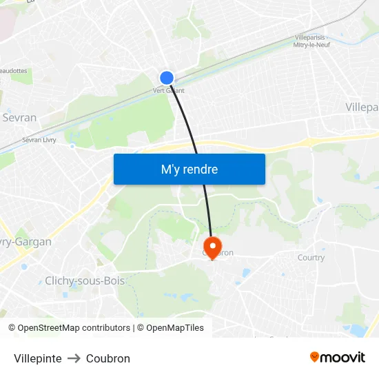 Villepinte to Coubron map