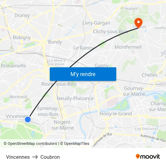 Vincennes to Coubron map