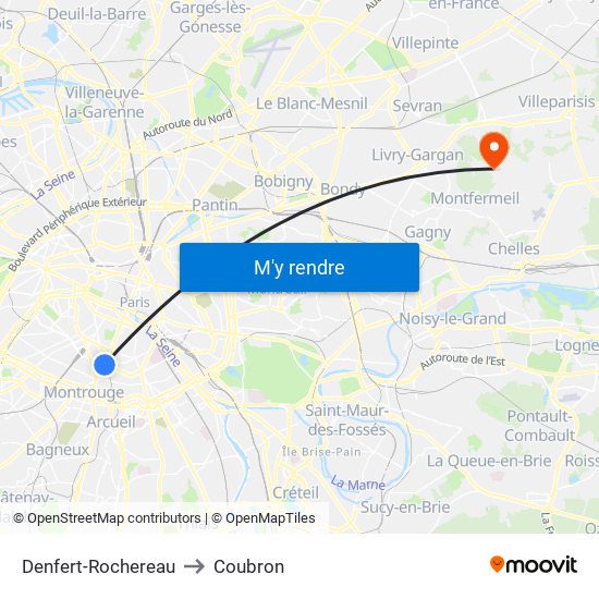 Denfert-Rochereau to Coubron map