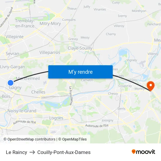 Le Raincy to Couilly-Pont-Aux-Dames map