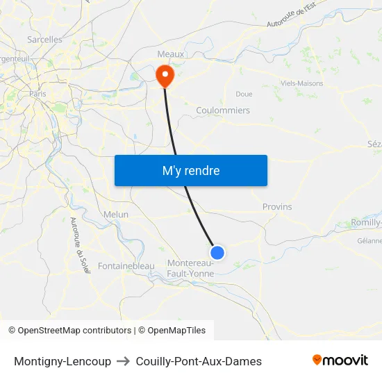 Montigny-Lencoup to Couilly-Pont-Aux-Dames map