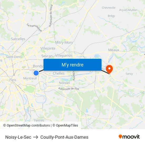 Noisy-Le-Sec to Couilly-Pont-Aux-Dames map