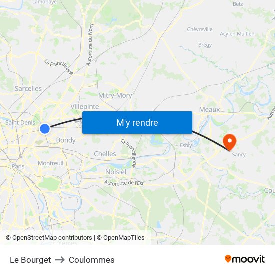 Le Bourget to Coulommes map