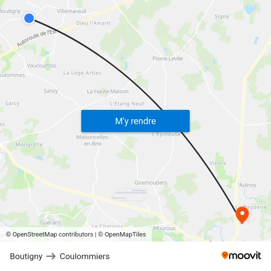 Boutigny to Coulommiers map