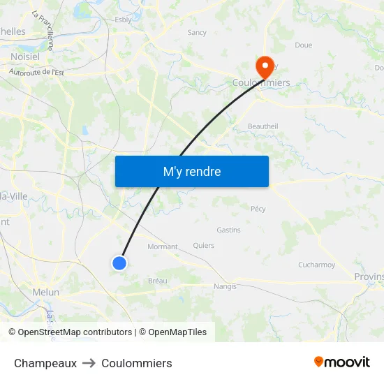Champeaux to Coulommiers map