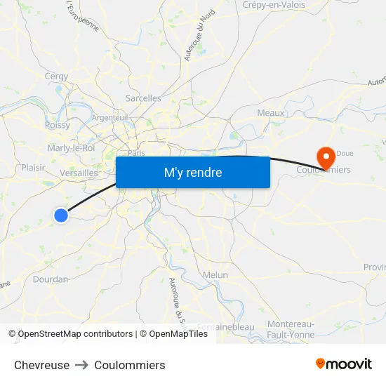 Chevreuse to Coulommiers map