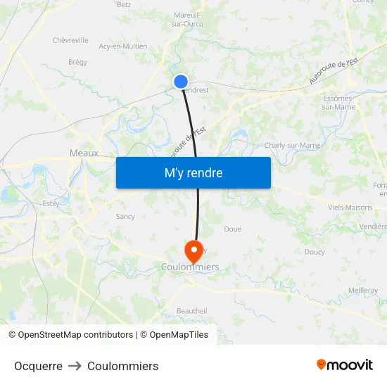 Ocquerre to Coulommiers map