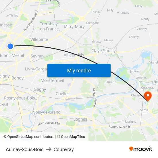 Aulnay-Sous-Bois to Coupvray map