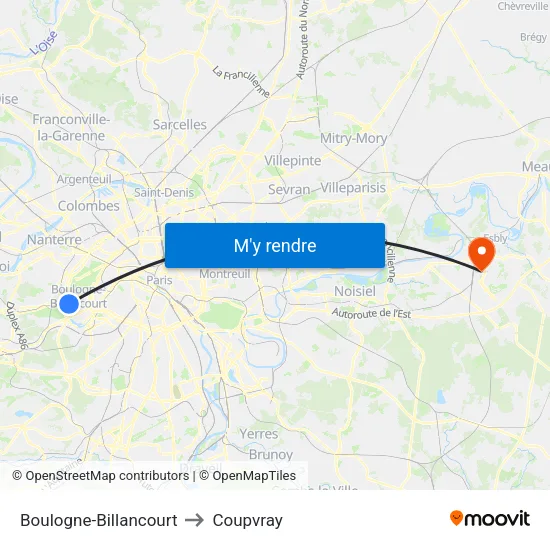 Boulogne-Billancourt to Coupvray map
