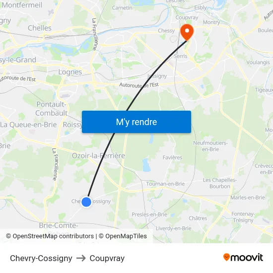 Chevry-Cossigny to Coupvray map