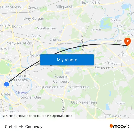 Creteil to Coupvray map