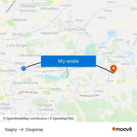 Gagny to Coupvray map