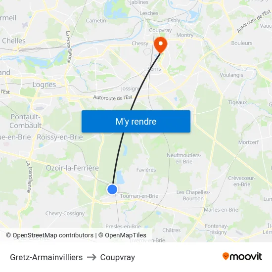 Gretz-Armainvilliers to Coupvray map